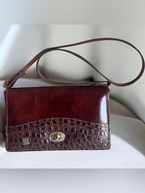 VTG Pierre Cardin 80s Designer Leather Shoulder Bag Moc Croc Cross Body Brown